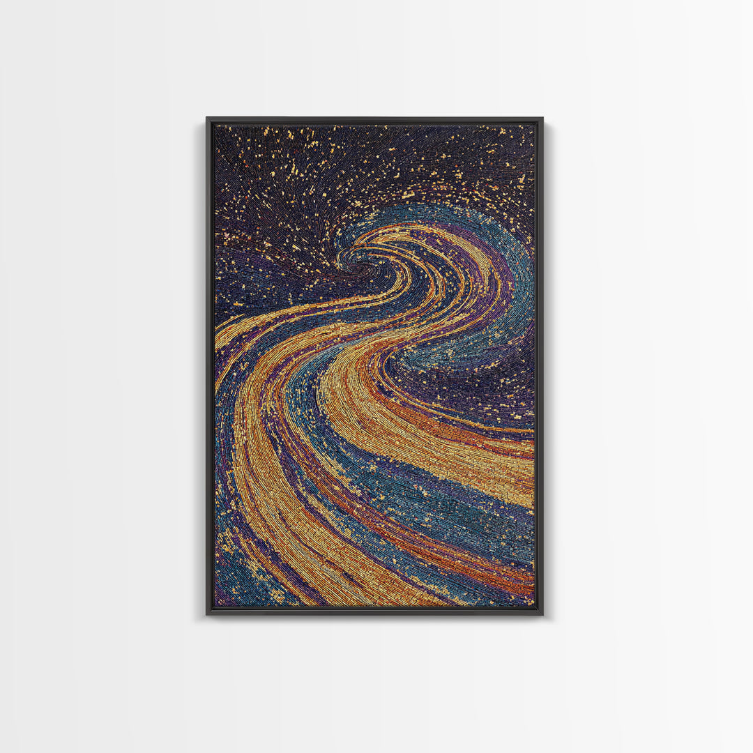 Swirling Gold Blue Cosmic River Canvas Print, Abstract Wall Art, Dreamy Galaxy Decor, Modern Boho Living Room Art Gift Poster