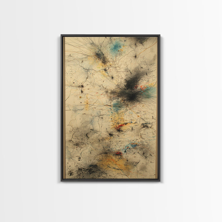 Smoky Beige Network Map Canvas Print, Abstract African Art Decor, Modern Office Wall Decor, Teal Black Gold Line Artwork