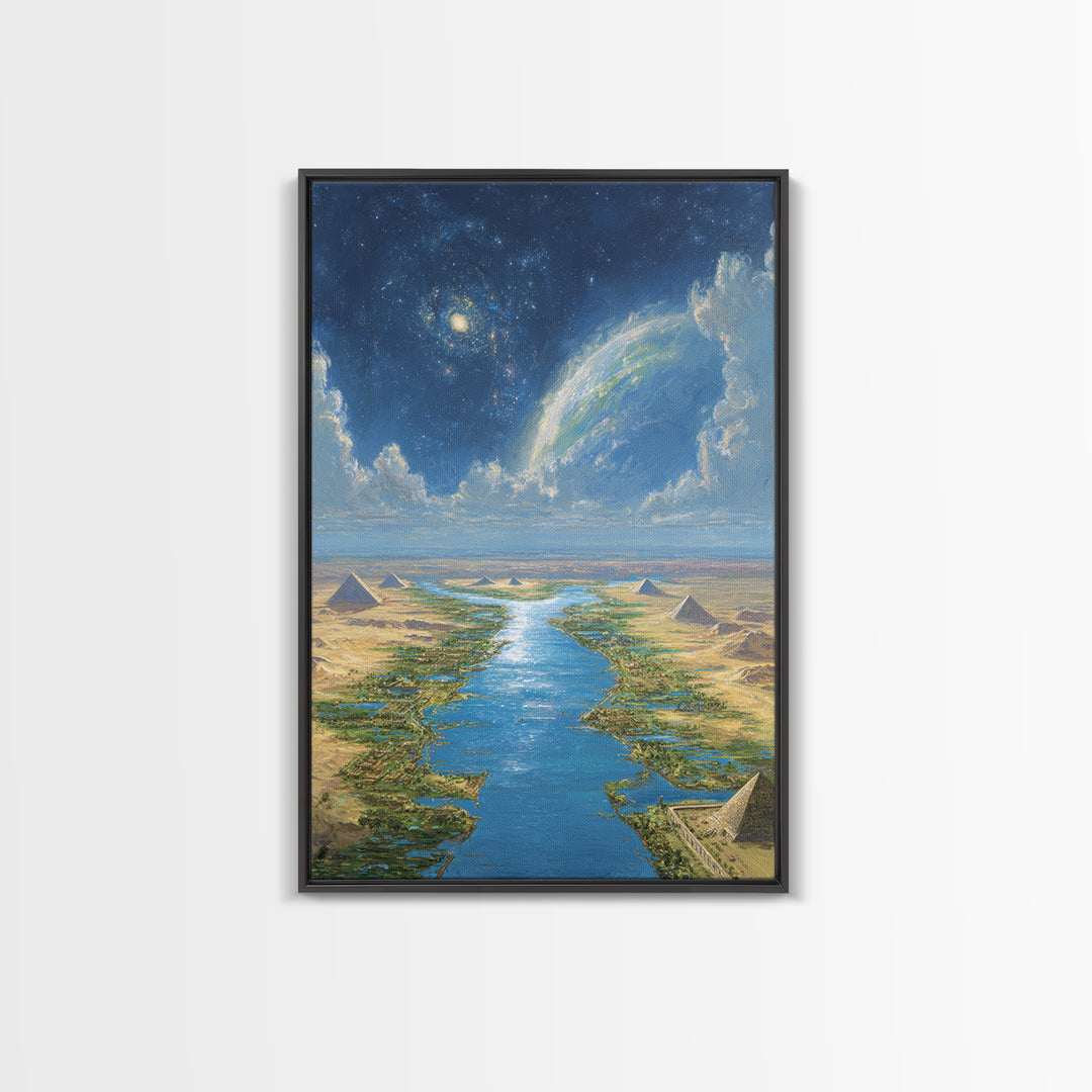 Cosmic Nile Pyramids Landscape Framed Canvas Print, African Egyptian Art, Desert River Wall Decor, Mystical Ancient Artwork