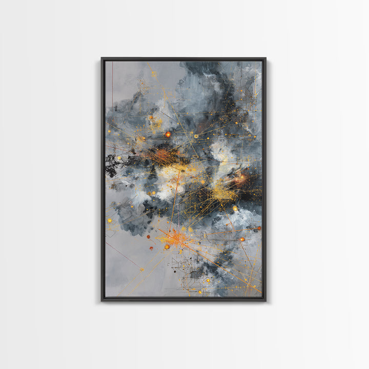 Stormy Gray Gold Network Canvas Print, Abstract African Art Decor, Modern Office Wall Art, Industrial Geometric Line Artwork
