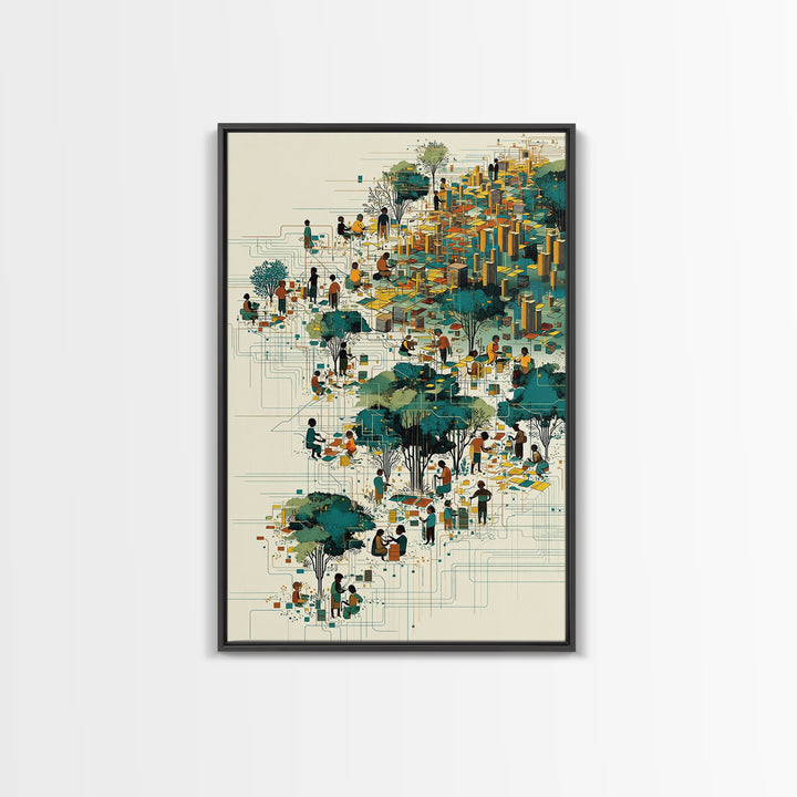 Vibrant African City Community Wall Art, Afrocentric Urban Landscape, Black Culture Art, Modern Teal Gold Decor Canvas Print