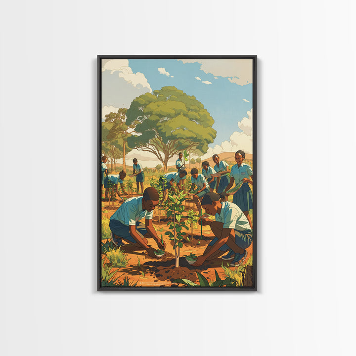 African School Garden Tree Planting Framed Canvas Print, Black Children Art, Community Nature Scene, Cultural Wall Decor