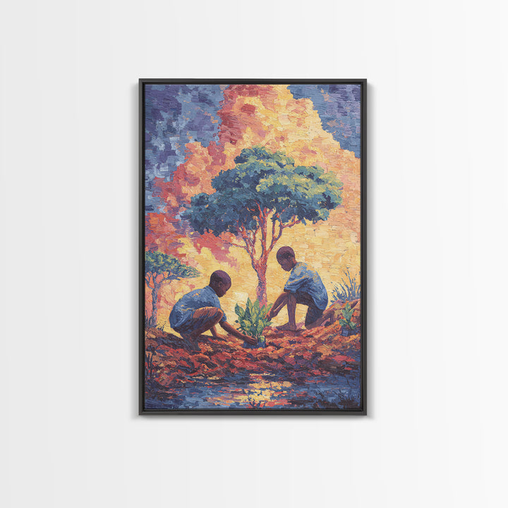 Two Boys Plant Saplings By River Under Acacia Tree Wall Art, African Landscape, Afrocentric Decor, Earth Tone Home Decor