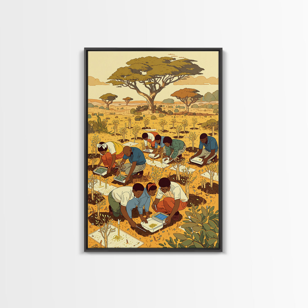Children Planting Saplings In Golden Savanna Canvas Print, African Safari Art, Classroom Decor, Cultural Artwork Gift For Kids