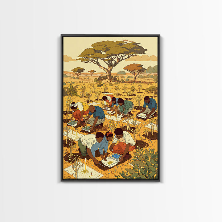 Children Planting Saplings In Golden Savanna Canvas Print, African Safari Art, Classroom Decor, Cultural Artwork Gift For Kids