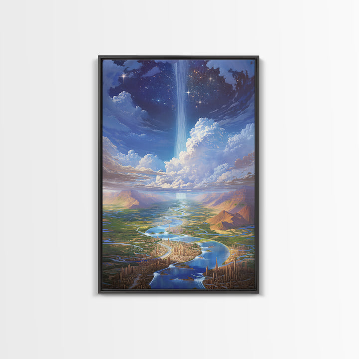 Celestial River City With Starry Waterfall Canvas Print, Dreamy Wall Art, Blue Home Decor Gift, Large Decor Art, Statement Wall Art