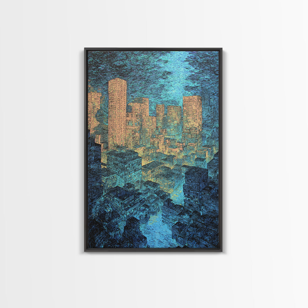 Textured Blue Gold City Skyline Wall Art, Modern Urban Office Decor, Contemporary Canvas, Luxury Canvas Art Print, Large Wall Art Prints