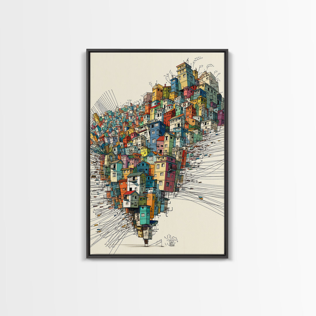 Stacked Colorful Hillside Houses Framed Canvas Print, Urban Wall Art, Geometric Design, Bold Home Decor Gift, Statement Wall Art