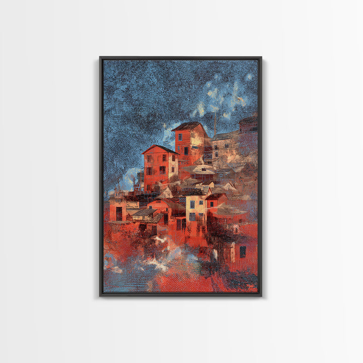 Red Hillside Village At Starry Night Canvas Print, Cozy Winter Wall Art, Rustic Decor, Unique Home Decor Gift, Orange Blue Painting