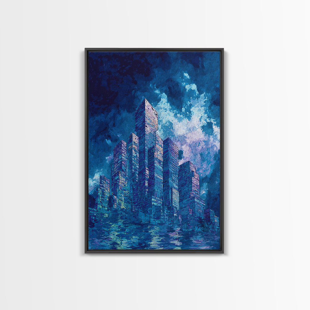 Blue Futuristic Skyline Framed Canvas Print, Modern City Wall Decor, Urban Architecture Art, Luxury Canvas Art For Office