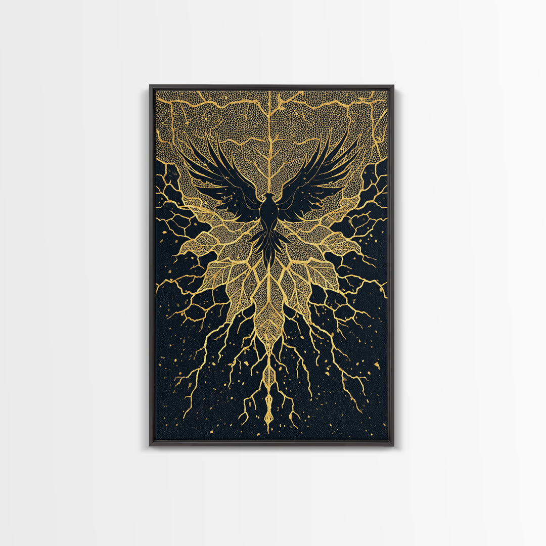 Black And Gold Bird With Roots Wall Art, Spiritual Wall Decor, Mystical Wall Art, Elegant Home Decor, Unique Canvas Art Print