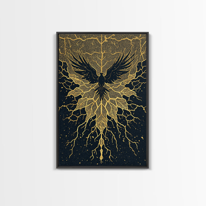 Black And Gold Bird With Roots Wall Art, Spiritual Wall Decor, Mystical Wall Art, Elegant Home Decor, Unique Canvas Art Print