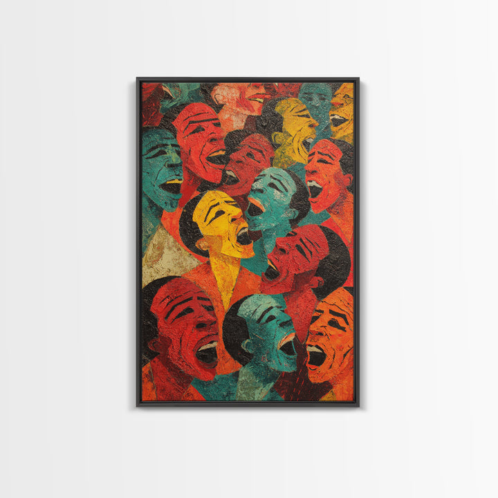 Colorful Laughing Faces Canvas Print, African Mask Art, Abstract African Art, Black Culture Art, Vibrant Wall Decor, Unique Gift
