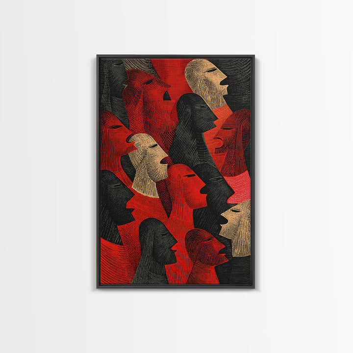 Red And Black Tribal Profile Faces, African Wall Art, Abstract African Art Print, Afrocentric Decor, Modern Canvas Print