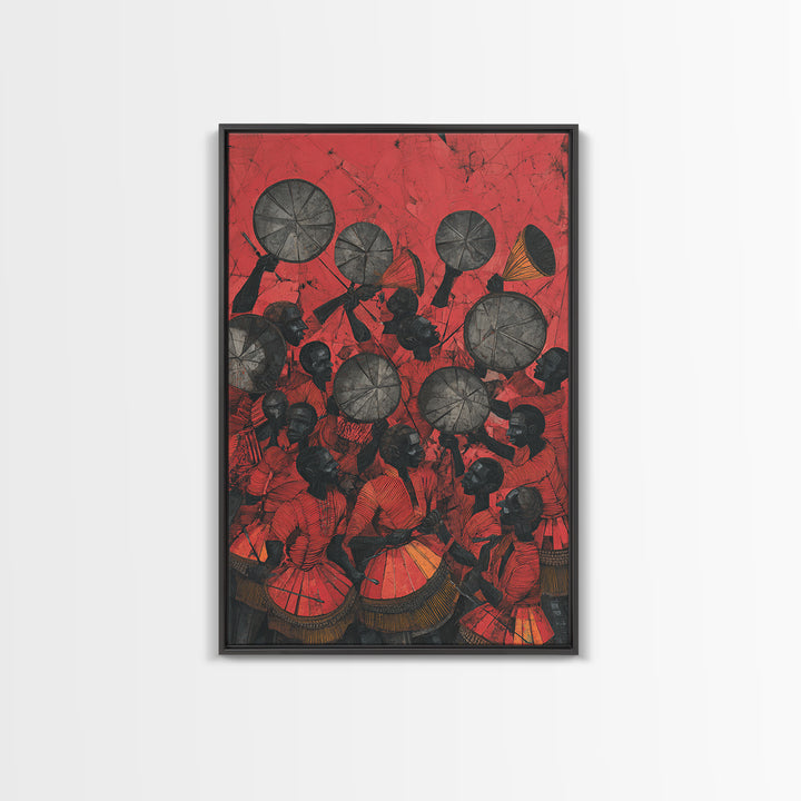 Red Drummers And Round Shields Celebration, African Wall Art, Tribal Art Print, Cultural Home Decor, Vibrant Canvas Print