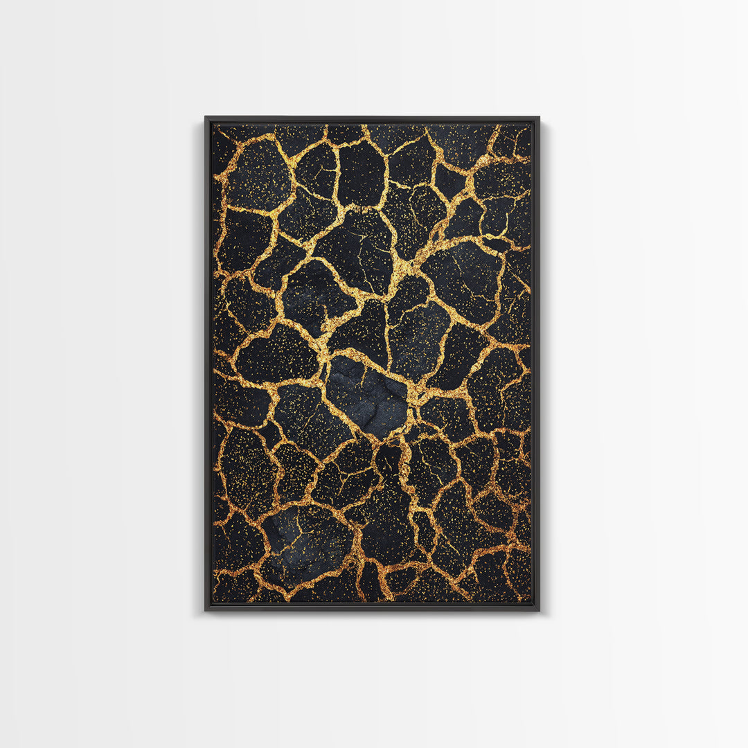 Black And Gold Crackle Pattern, Abstract Wall Art, African Inspired Decor, Luxury Canvas Print, Modern Black Art Home Decor Gift