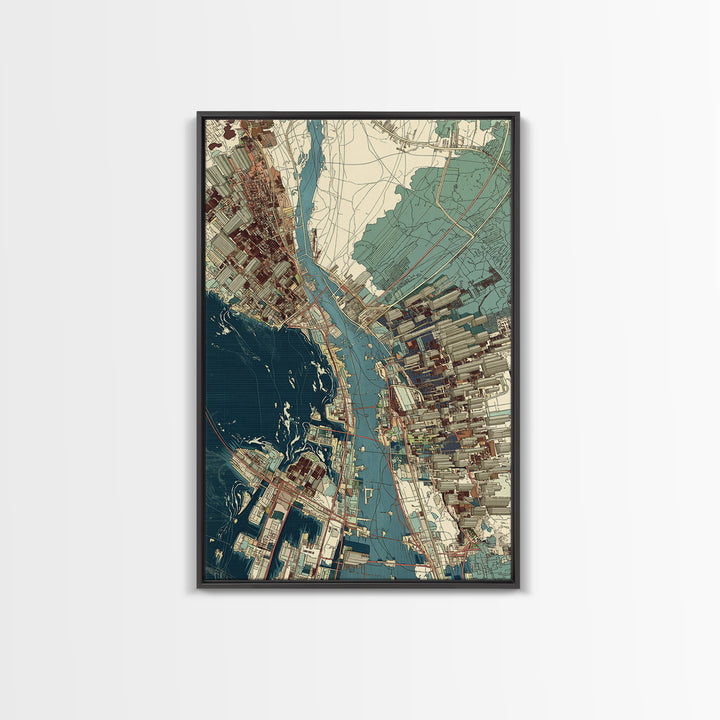 Aerial Coastal City Map With Blue Water, Urban Wall Art, Location Map Print, Modern Office Decor, Gallery Home Decor, Canvas Print
