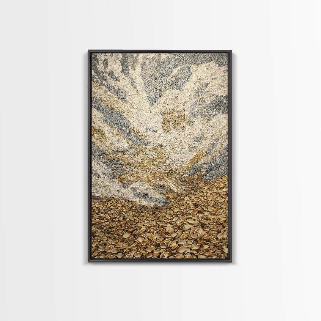 Golden Pebble Hills And Swirling Clouds, Nature Scene Wall Art, Earth Tone Art Print, Textured Boho Home Decor, Canvas Print
