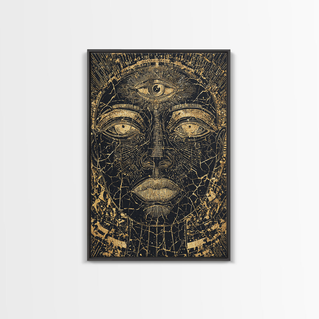 Golden Third Eye African Mask Face, African Wall Art, Ancient African Art Print, Black And Gold Mystical Decor, Canvas Print