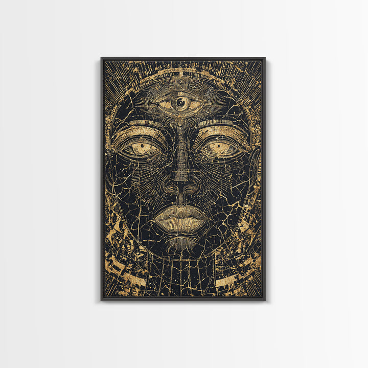 Golden Third Eye African Mask Face, African Wall Art, Ancient African Art Print, Black And Gold Mystical Decor, Canvas Print