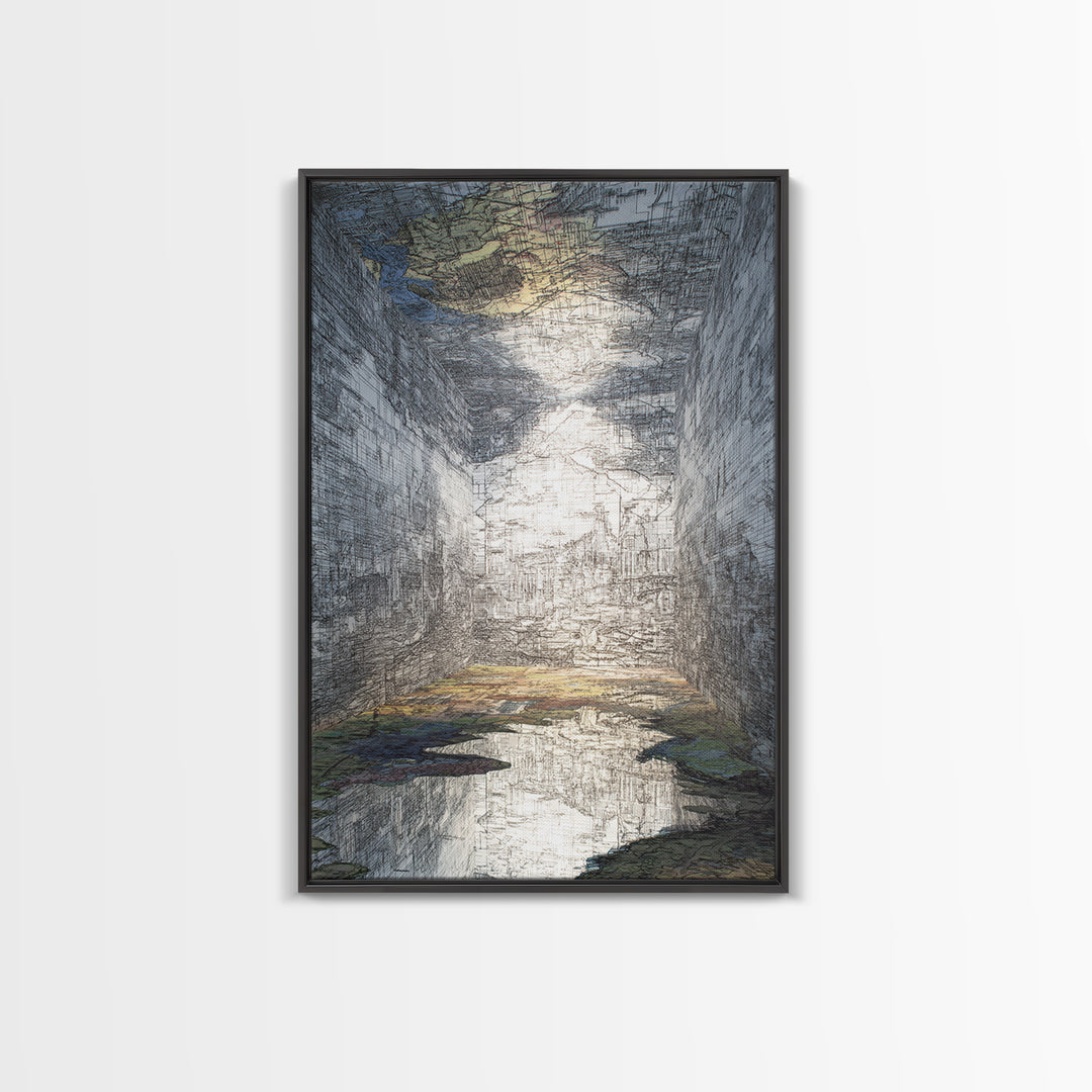 Abstract Urban Canyon Reflection Wall Art, Moody Blue Cityscape Print, Modern Architecture Decor, Statement Living Room Art