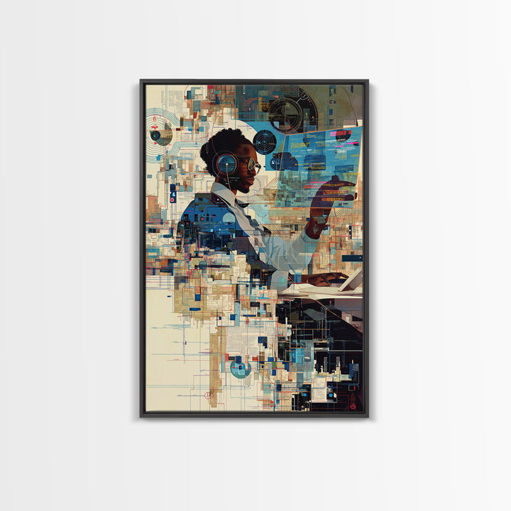 Black Woman Scientist Hologram Wall Art, Afrofuturism Portrait, African American Art Print, Modern Tech Office Decor Gift