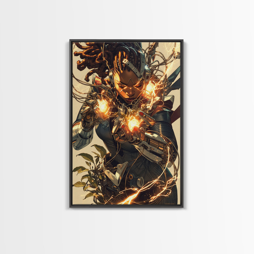 Cyberpunk African Warrior Woman Framed Canvas Print, Afrofuturism Wall Decor, Black Girl Magic, Futuristic Energy Art Gift
