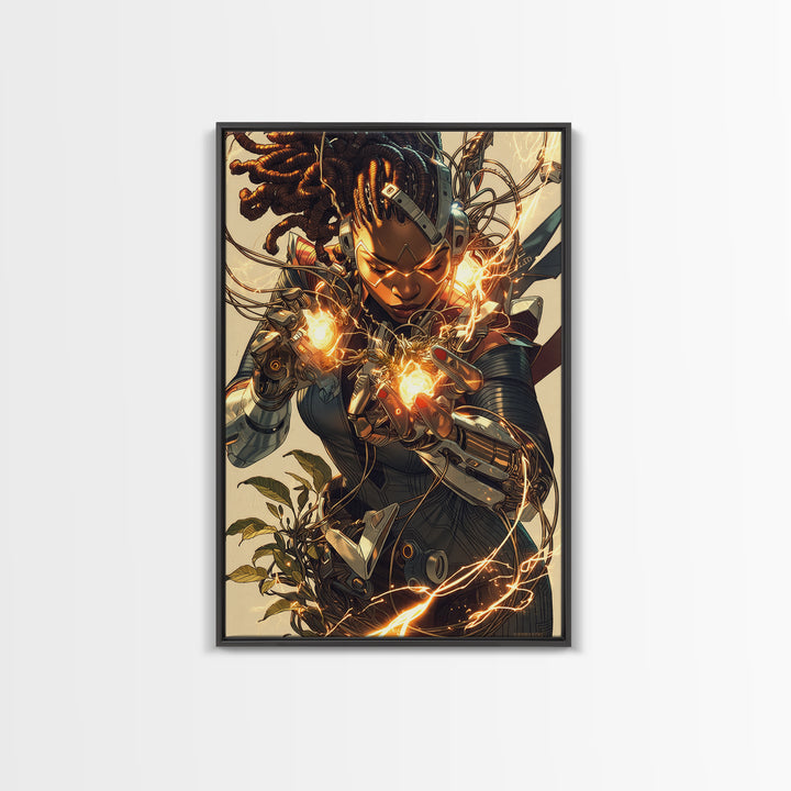 Cyberpunk African Warrior Woman Framed Canvas Print, Afrofuturism Wall Decor, Black Girl Magic, Futuristic Energy Art Gift