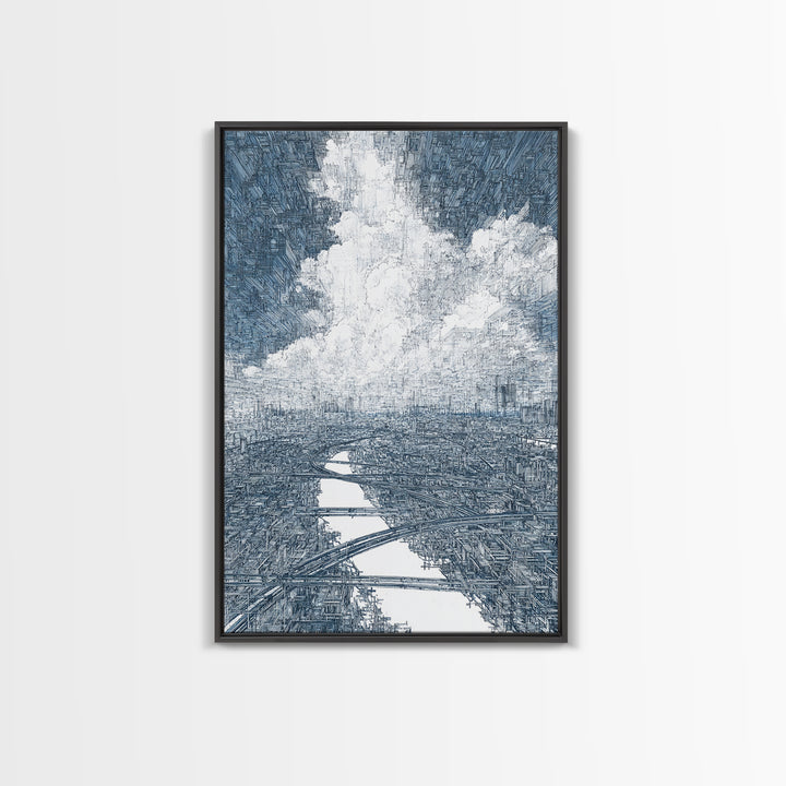 Intricate City River Cloud Wall Art, Blue Gray Urban Landscape Print, Modern Architecture Decor, Large Living Room Art Gift