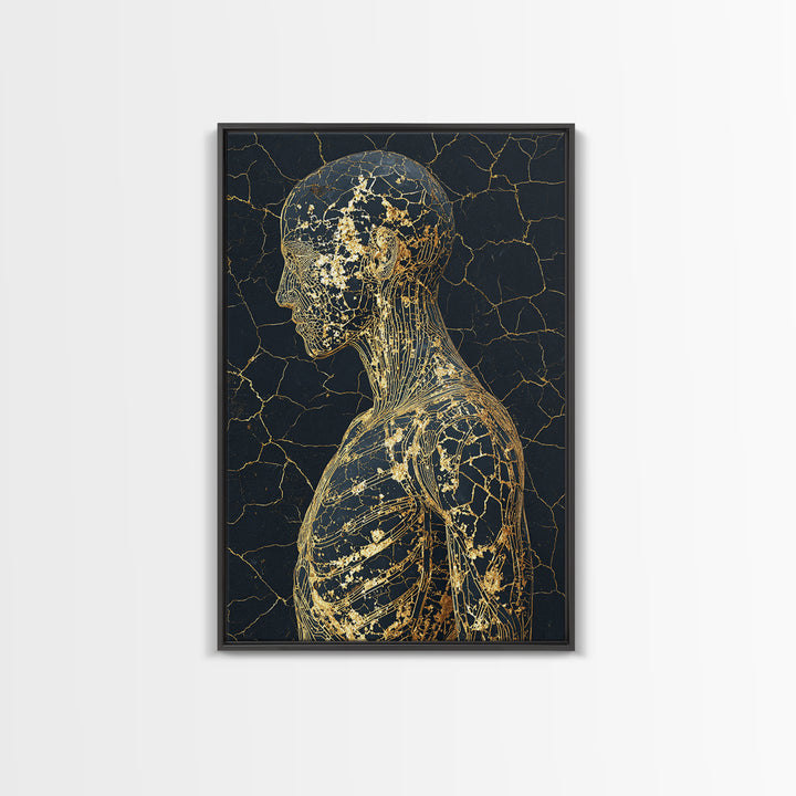 Gold Line Anatomical Figure Wall Art, Abstract Black Art, Luxury Canvas Decor, Modern Minimalist Portrait, Gift For Him Decor