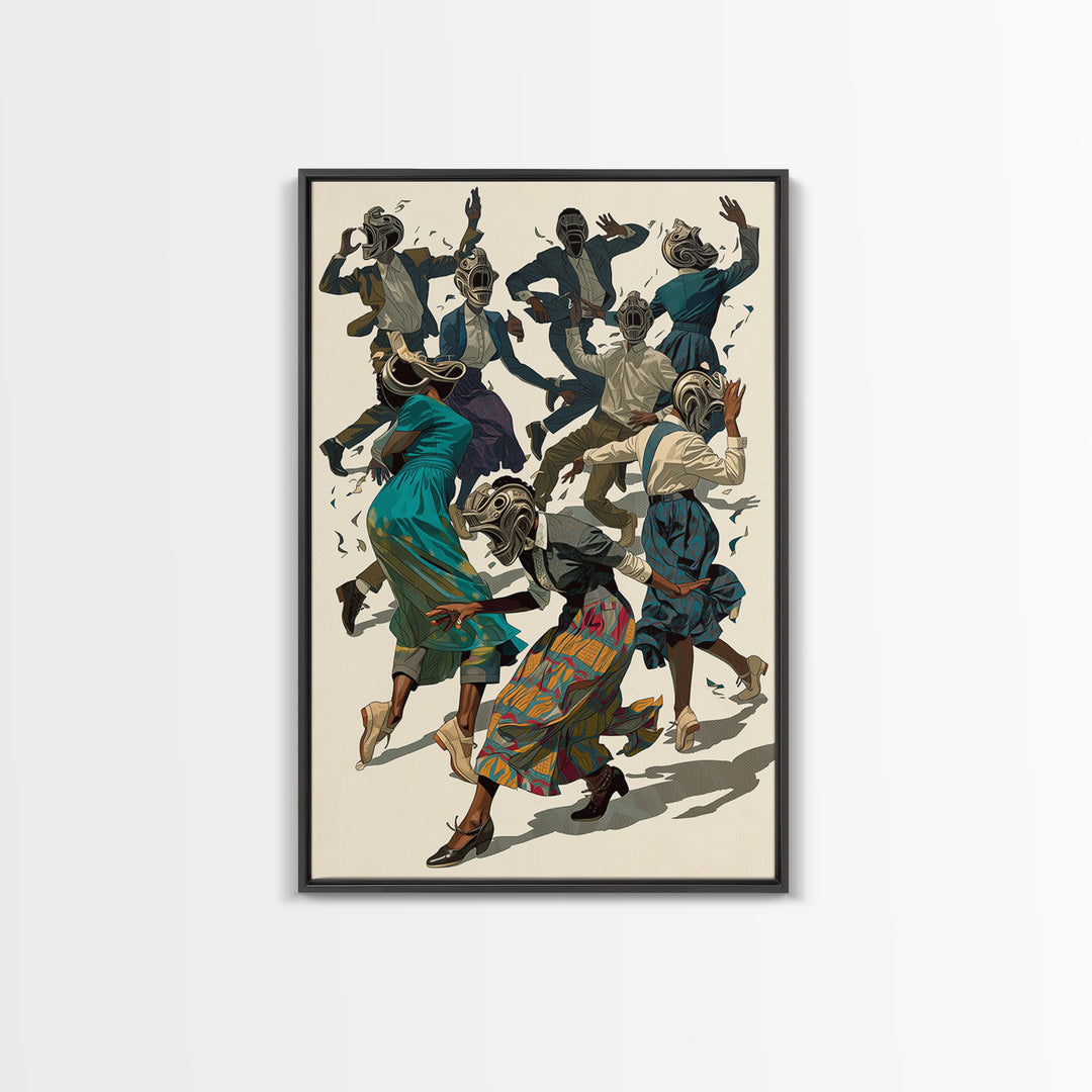 African Masked Dancers Celebration Canvas Print, African Tribal Art, Cultural Wall Decor, Colorful Afrocentric Home Gift