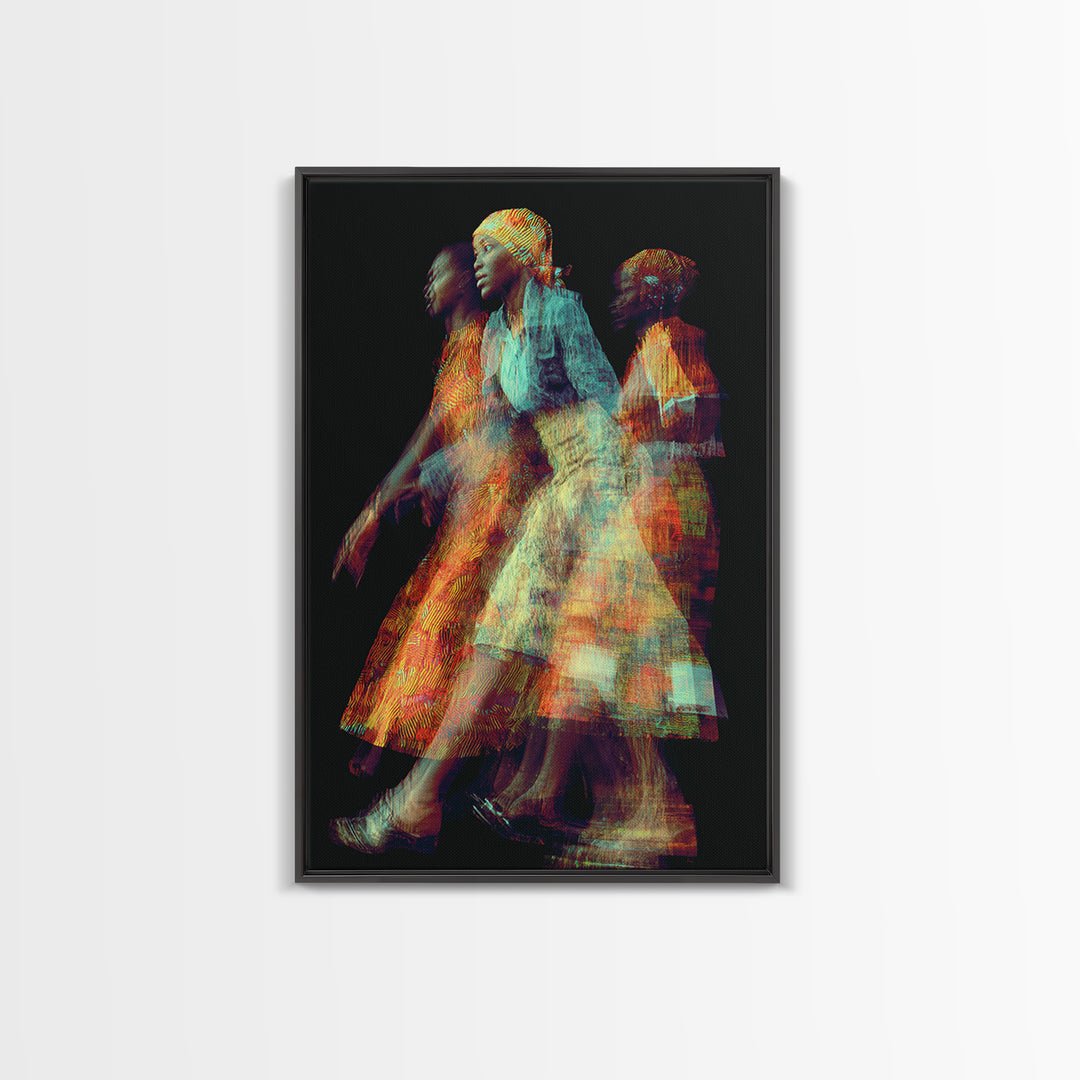 Glowing African Women In Motion Framed Canvas Print, Abstract Textile Portrait, Afrocentric Black Woman Wall Decor Art Gift