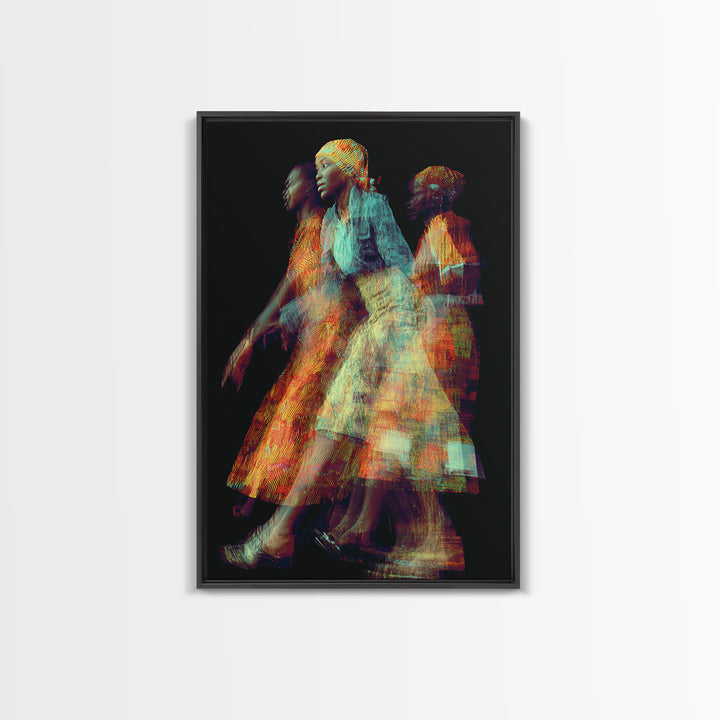 Glowing African Women In Motion Framed Canvas Print, Abstract Textile Portrait, Afrocentric Black Woman Wall Decor Art Gift