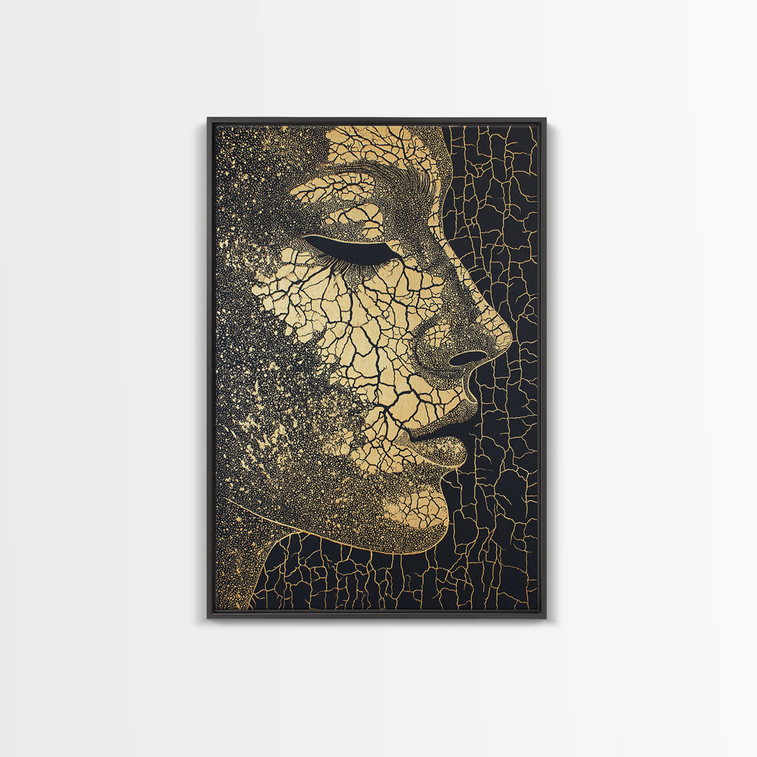 Golden Cracked African Woman Profile Wall Art, Elegant Black And Gold Portrait, Modern Afrocentric Luxury Canvas Decor Gift