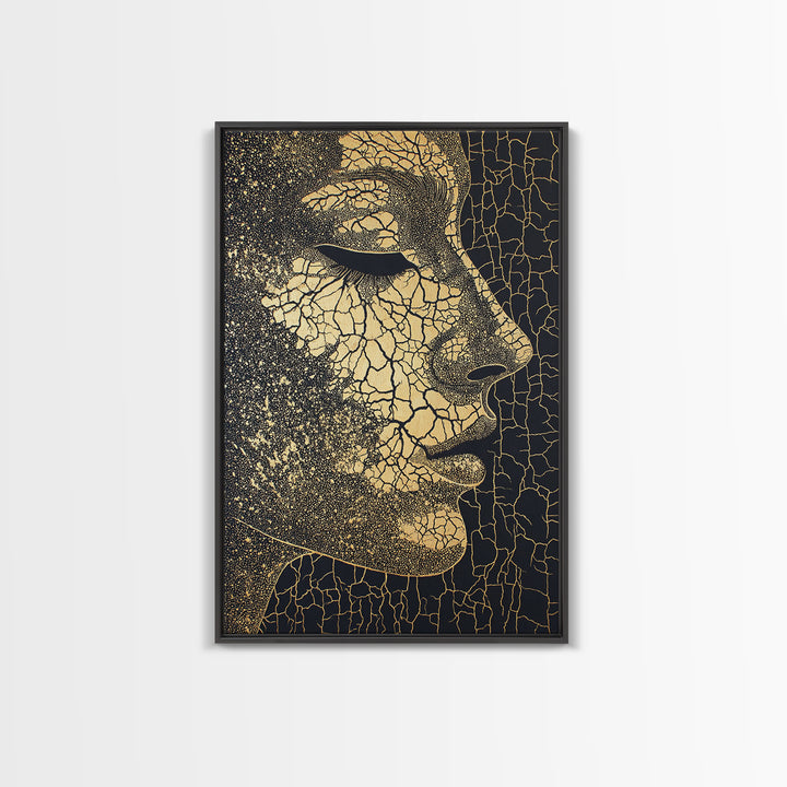 Golden Cracked African Woman Profile Wall Art, Elegant Black And Gold Portrait, Modern Afrocentric Luxury Canvas Decor Gift