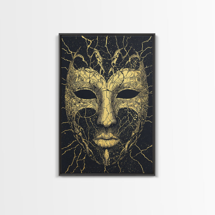Gold African Mask Canvas Print, Black Cracked Tribal Face Art, Mystical Afrocentric Wall Decor, Unique Statement Gift For Home