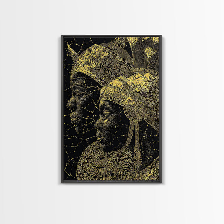Black And Gold African Queen Profiles Framed Canvas Print, Afrocentric Wall Decor, Tribal Portrait, Elegant Home Art, Luxury Gift