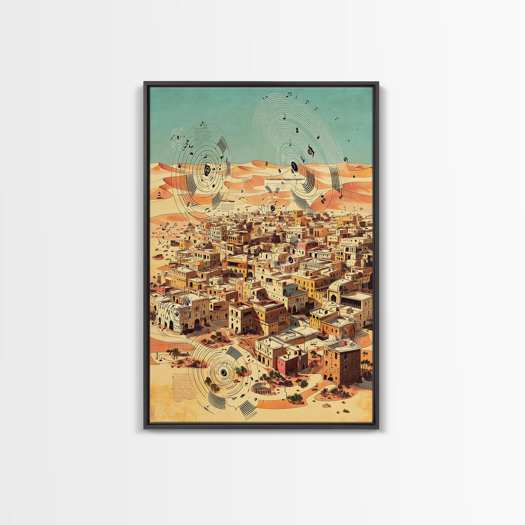 Desert City With Abstract Sound Waves Wall Art, North African Landscape Print, Modern Travel Poster, Earth Tone Home Decor