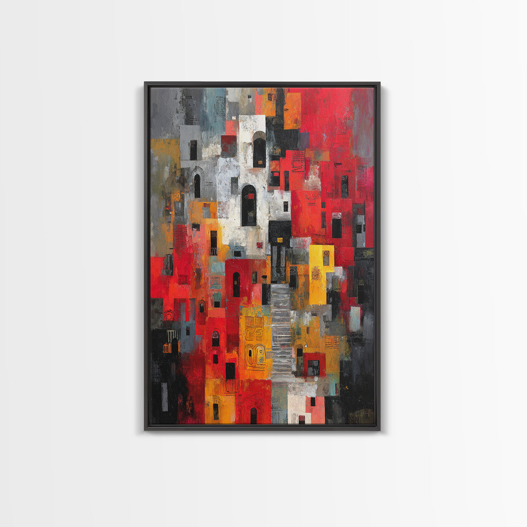 Red Black Abstract City Facades Framed Canvas Print, Modern African Wall Art, Urban Architecture Decor, Bold Home Decor Art
