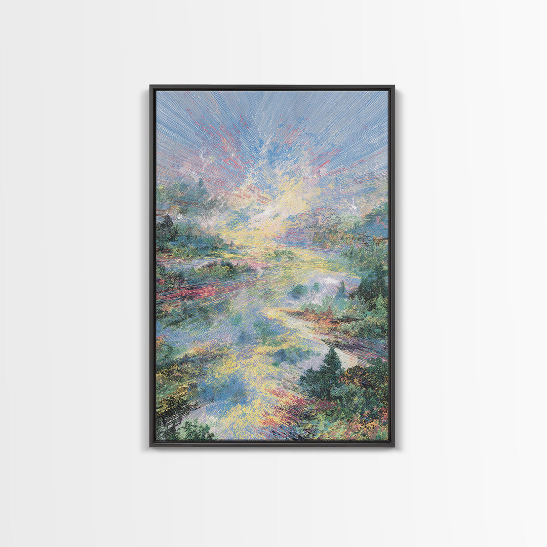 Luminous River Sunrise Landscape Framed Canvas Print, Dreamy Wall Art, Nature Scene Art, Serene Living Room Decor, Home Decor Gift