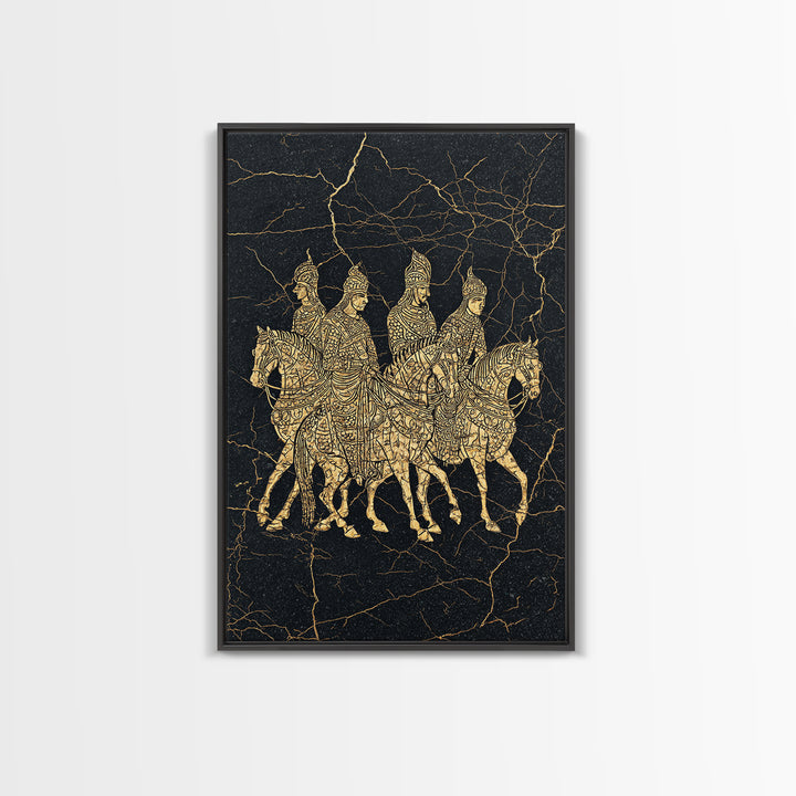 Golden African Horse Warriors On Black Stone Wall Art, African Warrior Art, Tribal Art Decor, Black Gold Canvas Decor Print