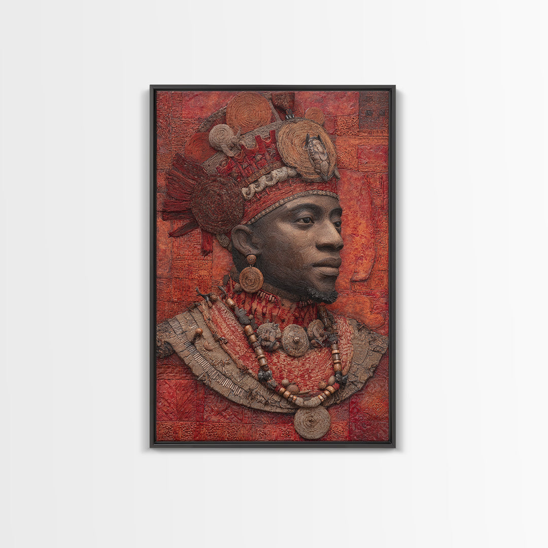 Ornate African Royal Man With Headdress Framed Canvas Print, African Portrait, Tribal Art Print, Red Cultural Wall Decor
