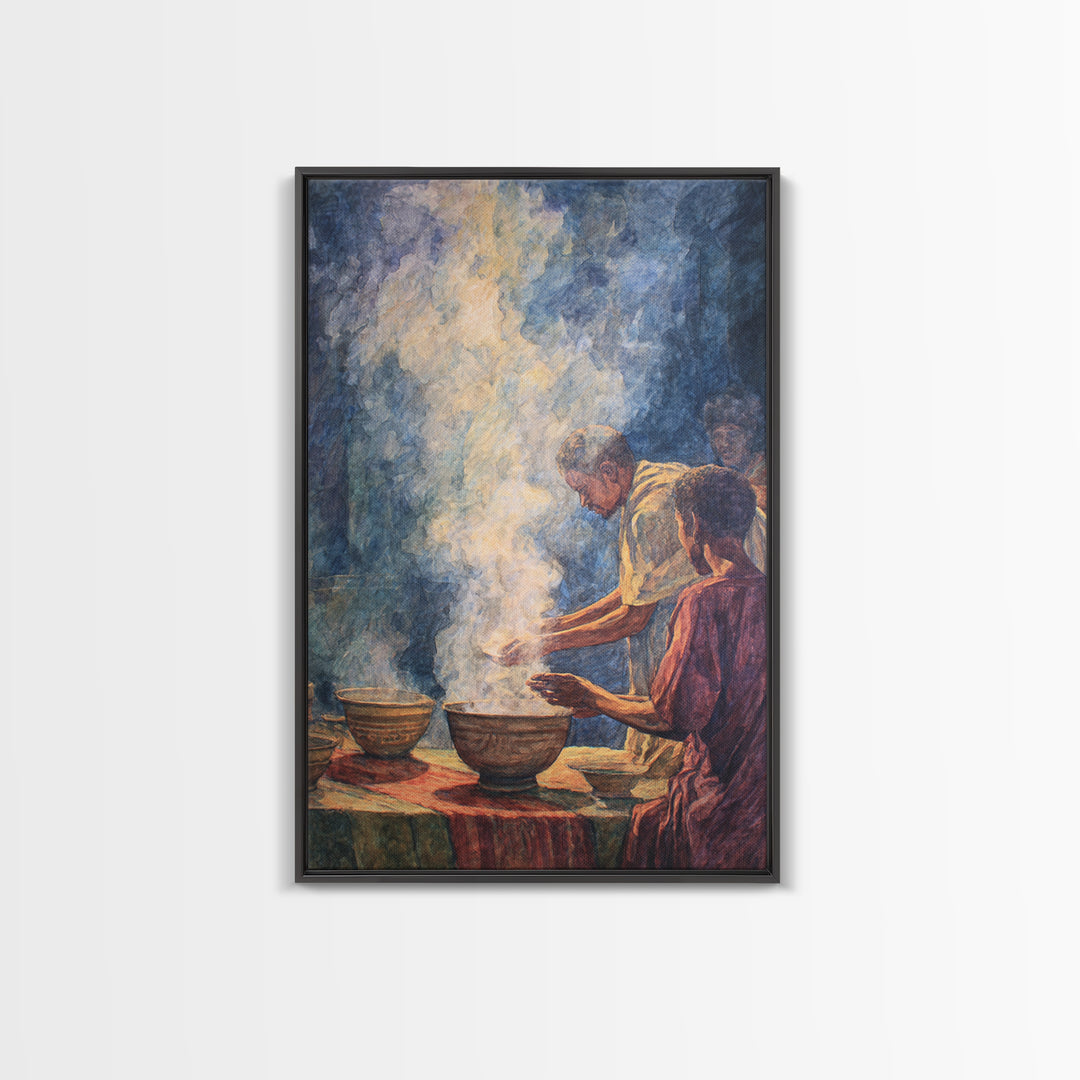 African Community Cooking Ritual With Steaming Bowls Wall Art, Cultural Home Decor, Ethnic Art Print, Warm Kitchen Poster