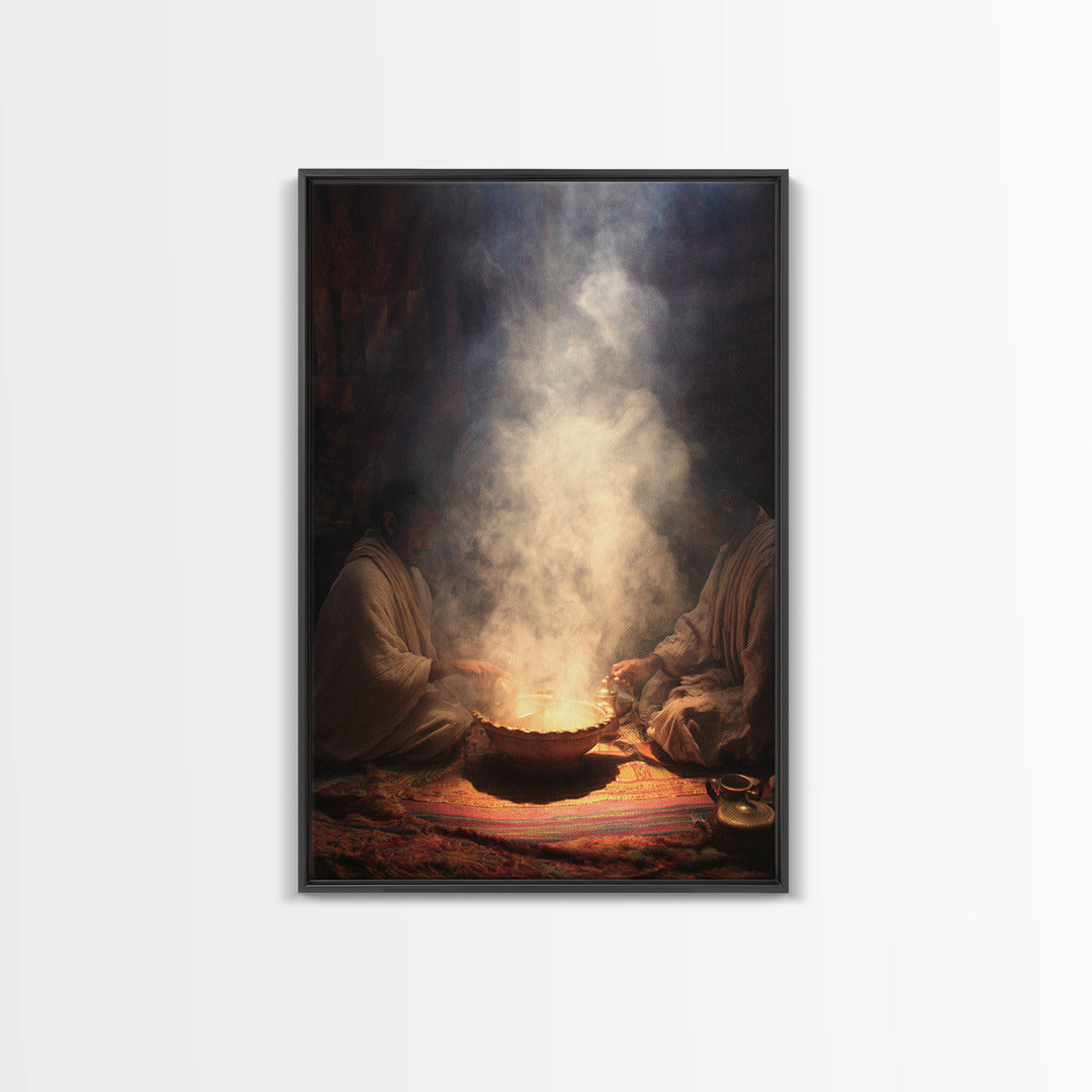 Two African Men Beside Smoky Ritual Pot Framed Canvas Print, Spiritual Wall Art, Cultural Decor, Earth Tone Home Decor Gift