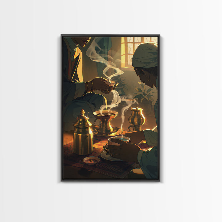 Sunlit African Tea Ceremony With Brass Vessels Wall Art, Afrocentric Decor, Boho Home Decor, Warm Cultural Canvas Print Gift