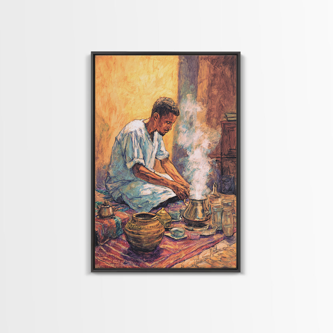 Seated African Man Preparing Smoky Coffee Canvas Print, Cultural Wall Art, Earth Tone Decor, Bohemian Home Decor Gift For Him
