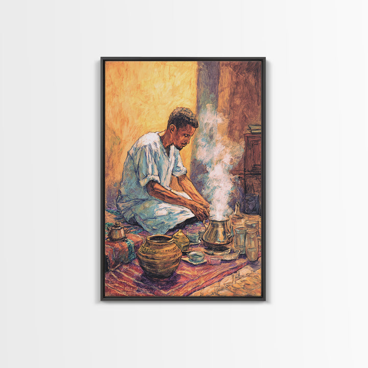 Seated African Man Preparing Smoky Coffee Canvas Print, Cultural Wall Art, Earth Tone Decor, Bohemian Home Decor Gift For Him
