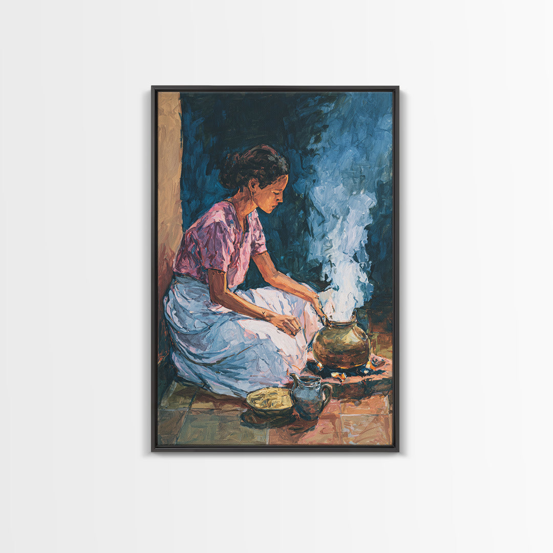 African Woman Cooking Steam Wall Art, Afrocentric Kitchen Portrait Canvas Print, Cultural Home Decor, Gift For Her, Blue Orange Painting