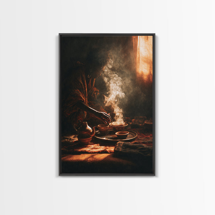 Moody African Woman Tea Ritual Wall Art, Incense Smoke Canvas Print, Afrocentric Decor, Black Culture Art, Gift For Her, Home Decor