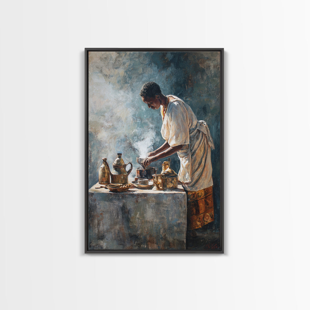 African Man Coffee Ceremony Wall Art, Ethiopian Tea Service Canvas Print, Cultural Portrait, Afrocentric Home Decor, Gift